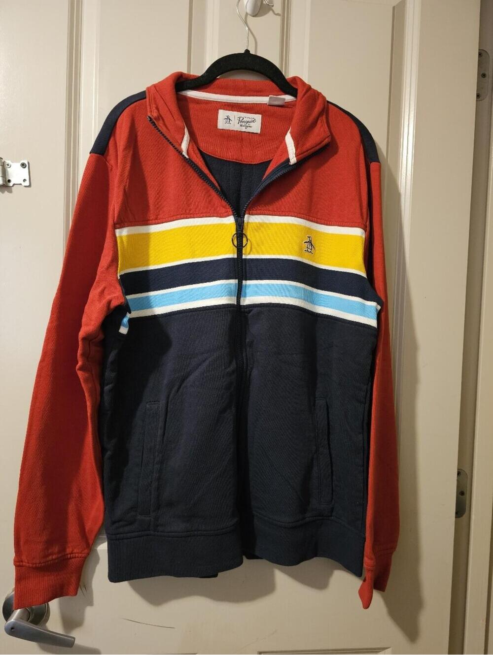 Original Penguin Red, Navy and Yellow Stripe Zip Hoodie L